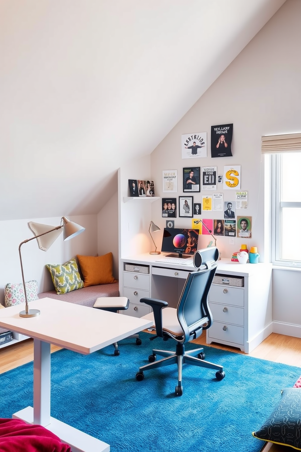 A sleek desk for study and creativity features a minimalist design with clean lines and a smooth surface. The desk is complemented by a comfortable ergonomic chair and is positioned near a large window that allows natural light to flood the space. The teenager attic room design ideas include cozy nooks with plush seating and colorful accents. The room is filled with personalized decor, such as posters and artwork, creating an inspiring environment for relaxation and study.