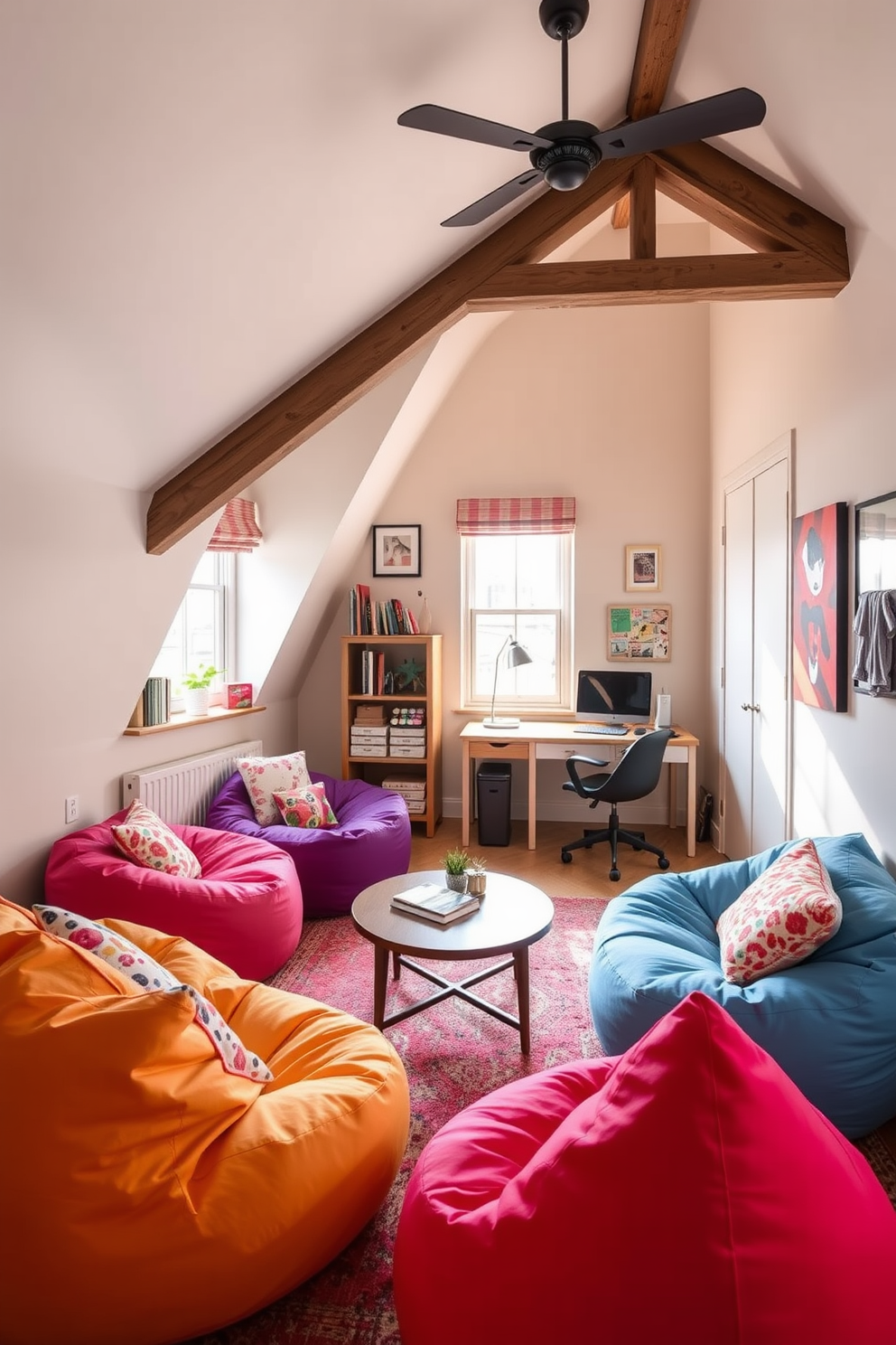 Chic bean bags for informal lounging. The space features colorful and comfortable bean bags scattered around a low coffee table, creating a relaxed atmosphere for socializing and relaxation. Teenager attic room design ideas. The room is designed with a cozy reading nook by a window, complemented by a stylish desk for studying and vibrant wall decor that reflects the teenager's personality.