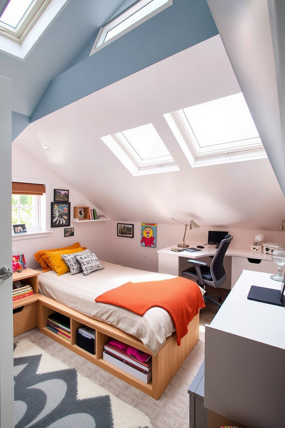 A stylish teenager's attic room features a cozy bed with built-in hidden storage underneath, allowing for a clutter-free space. The room is adorned with vibrant wall art and a comfortable reading nook by the window, enhancing the creative atmosphere. The design incorporates sloped ceilings and skylights, flooding the room with natural light while maintaining a sense of privacy. A study area with a modern desk and ergonomic chair is positioned near the entrance, encouraging productivity and focus.