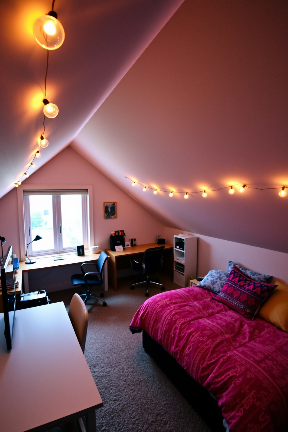 A cozy attic room designed for a teenager features sloped ceilings with exposed wooden beams. The walls are painted in a soft gray tone, complemented by vibrant accents in the bedding and decor. Large, stylish curtains hang from the windows, providing both privacy and a pop of color. A comfortable bed is positioned against one wall, with a study desk and shelving unit opposite, creating a functional and inviting space.