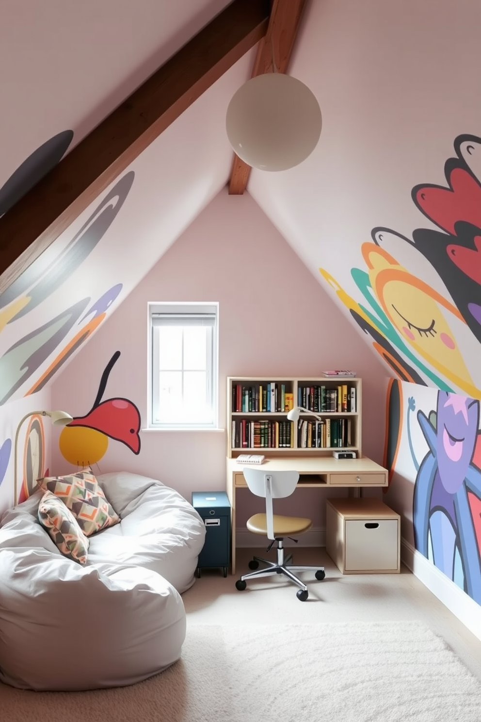 A stylish teenager's attic room designed for comfort and creativity. The space features a cozy bed with colorful bedding and a small TV mounted on the wall for entertainment. Natural light floods the room through a skylight, illuminating a study area with a desk and ergonomic chair. The walls are adorned with posters and personal artwork, reflecting the teenager's unique style.