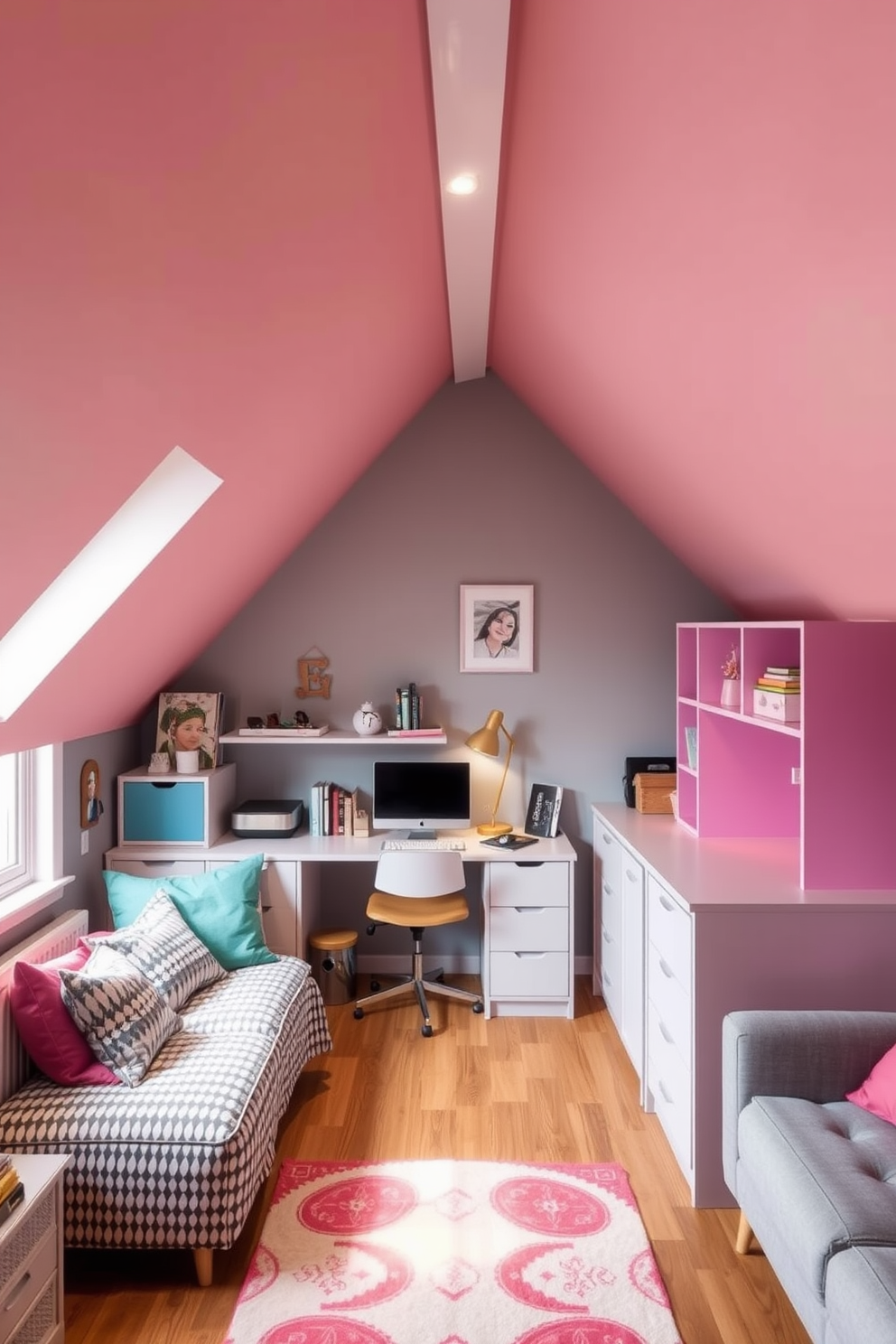 A stylish attic room designed for a teenager features a cozy reading nook in the corner with a built-in bookshelf and a plush bean bag chair. The walls are painted in a soft pastel color, and large windows allow natural light to flood the space, creating an inviting atmosphere. Incorporating a compact desk in another corner maximizes functionality while maintaining an open feel. The room is accented with colorful decor, including wall art and decorative cushions, reflecting the teenager's personal style.