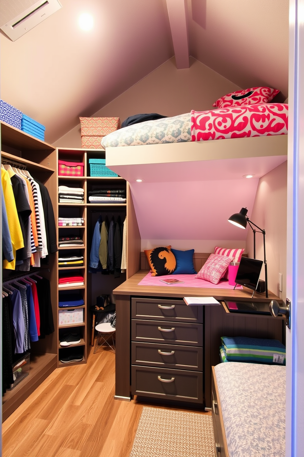 Create a cozy and organized study zone in a teenager's attic room. Incorporate a sleek desk with ample storage, surrounded by bookshelves filled with colorful books and personal memorabilia. Use soft lighting to enhance the atmosphere, while a comfortable chair provides a perfect spot for studying. Add decorative elements like motivational posters and plants to inspire creativity and focus.