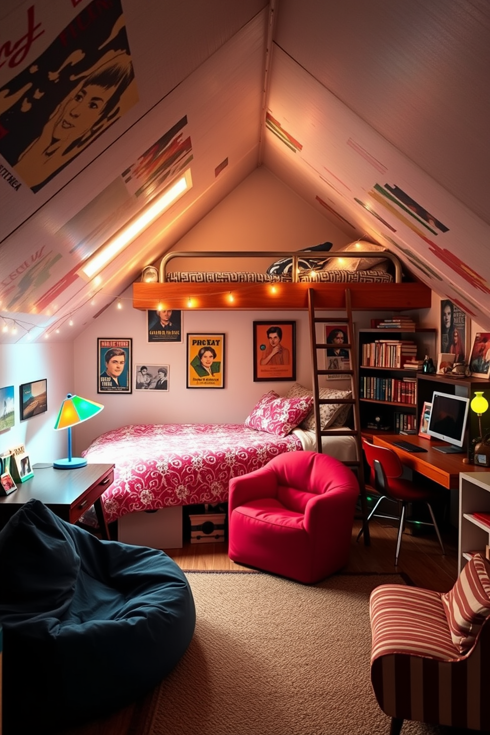 A cozy attic room designed for a teenager featuring retro elements that evoke nostalgia. The walls are adorned with vintage posters and the furniture includes a bean bag chair and a retro desk with a colorful lamp. The bed is a loft style with a bright patterned duvet and string lights draped around the railing. A small reading nook with a retro armchair and a bookshelf filled with classic novels completes the space.