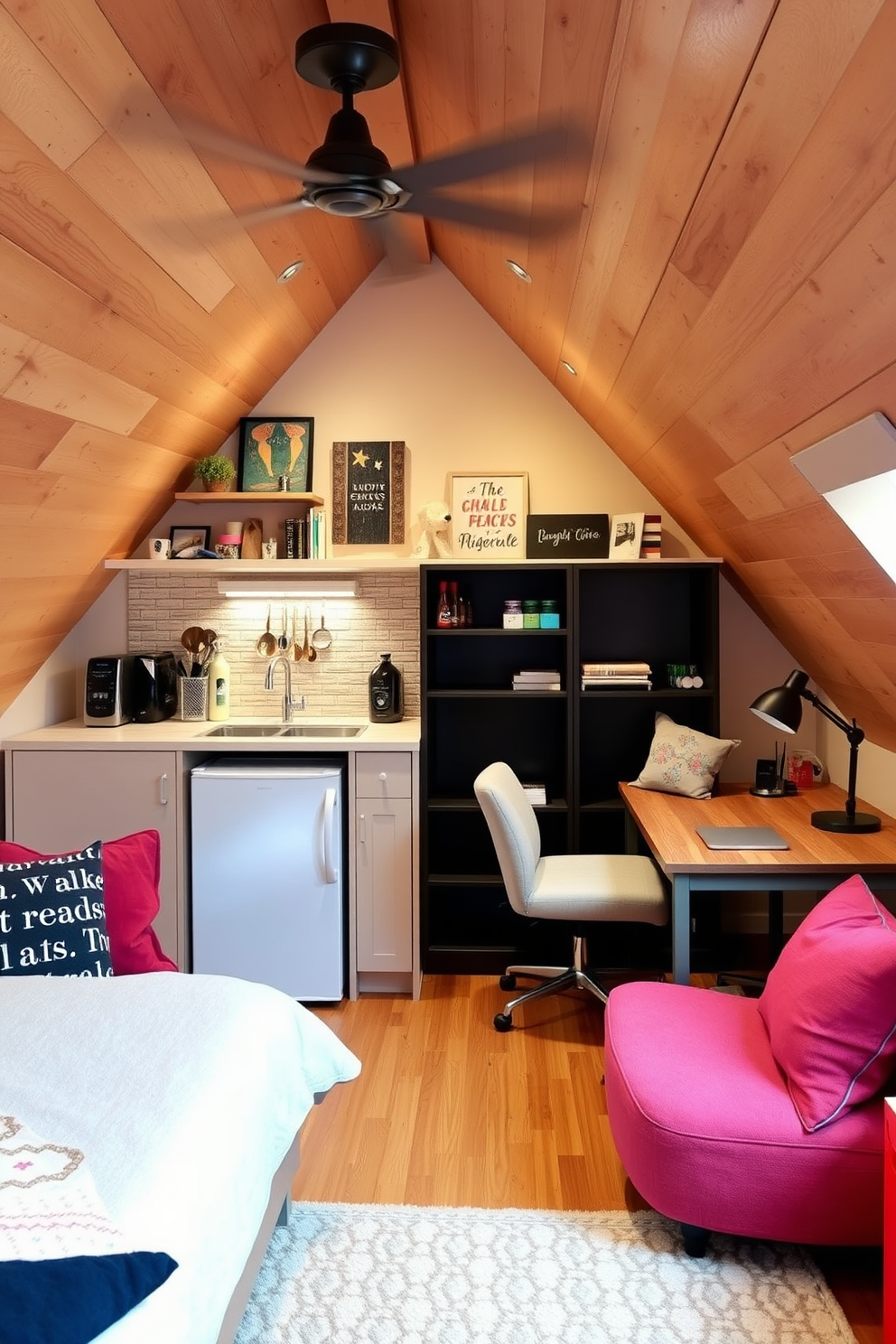 A cozy teenager attic room designed with a small kitchenette area. The kitchenette features a compact refrigerator and a stylish countertop with a sink, surrounded by open shelving for easy access to snacks and drinks. The room is adorned with colorful wall art and plush seating to create a relaxed atmosphere. A comfortable bed is tucked into one corner, complemented by a study desk with a cozy chair and ample lighting for homework.