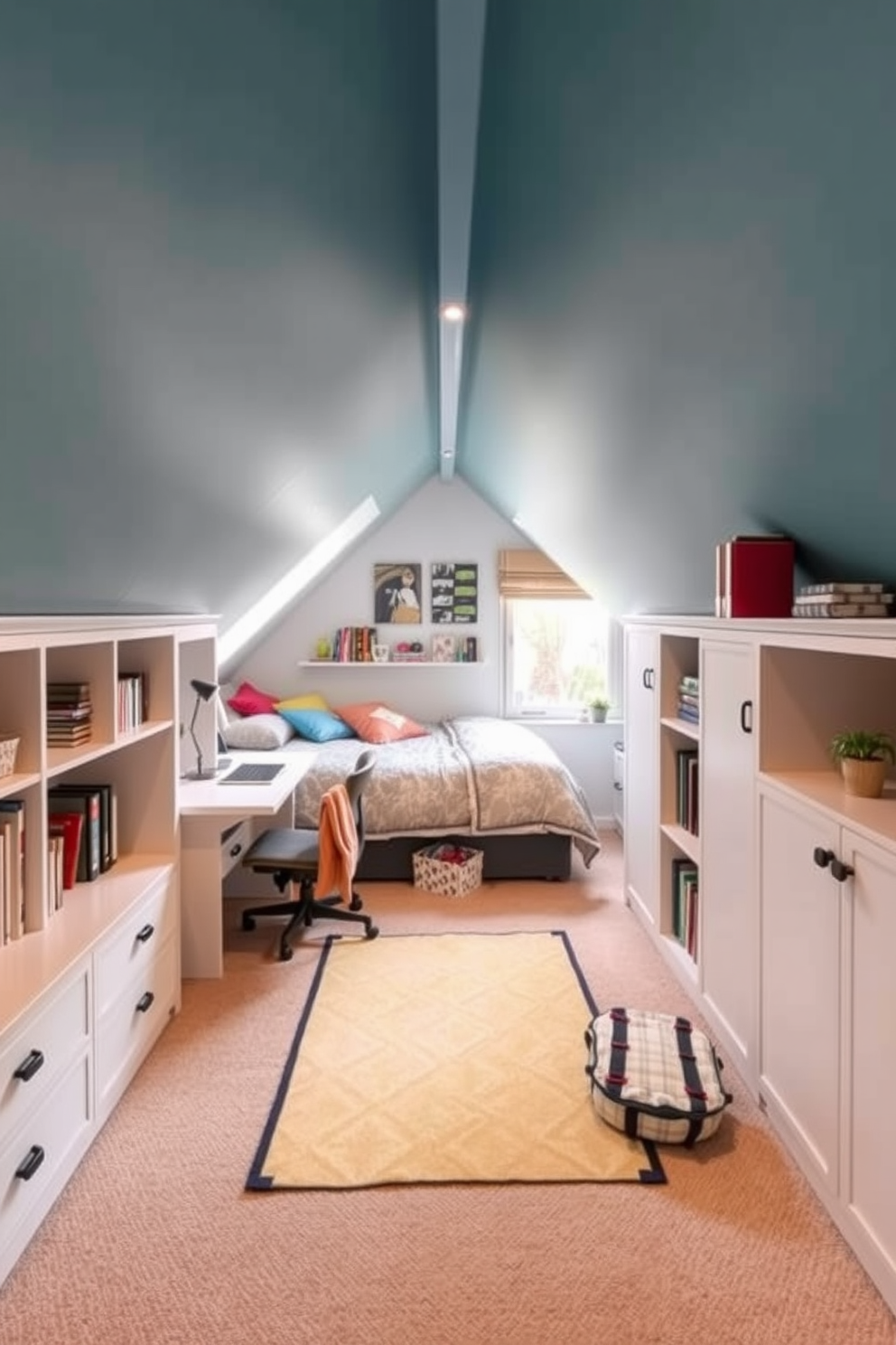 A cozy teenager's attic room features built-in storage seamlessly integrated into the sloped ceilings. The space is designed with a comfortable bed, a study area, and vibrant decor that reflects the teenager's personality.