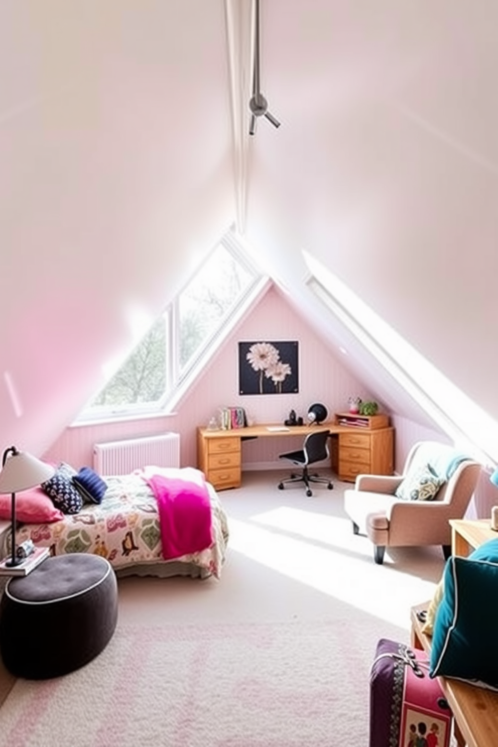 A stylish teenager's attic room featuring sloped ceilings and large windows that allow natural light to flood the space. The room is designed with a cozy bed in one corner, adorned with colorful bedding, and a study area with a desk under the window. Mirrors are strategically placed on the walls to enhance the sense of space and reflect the light, creating an airy atmosphere. The decor includes vibrant wall art and a comfortable lounge chair, making it a perfect retreat for relaxation and study.