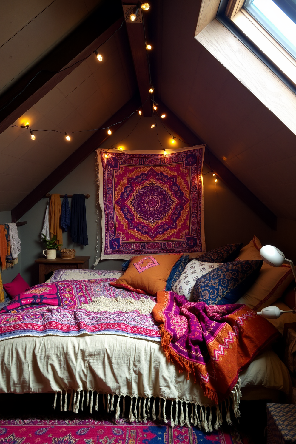 A cozy teenager attic room filled with bohemian style. The space features layered textiles with vibrant patterns and textures draped across a comfortable bed. A large tapestry hangs on the wall, adding a pop of color to the room. Soft fairy lights are strung across the ceiling, creating a warm and inviting atmosphere.