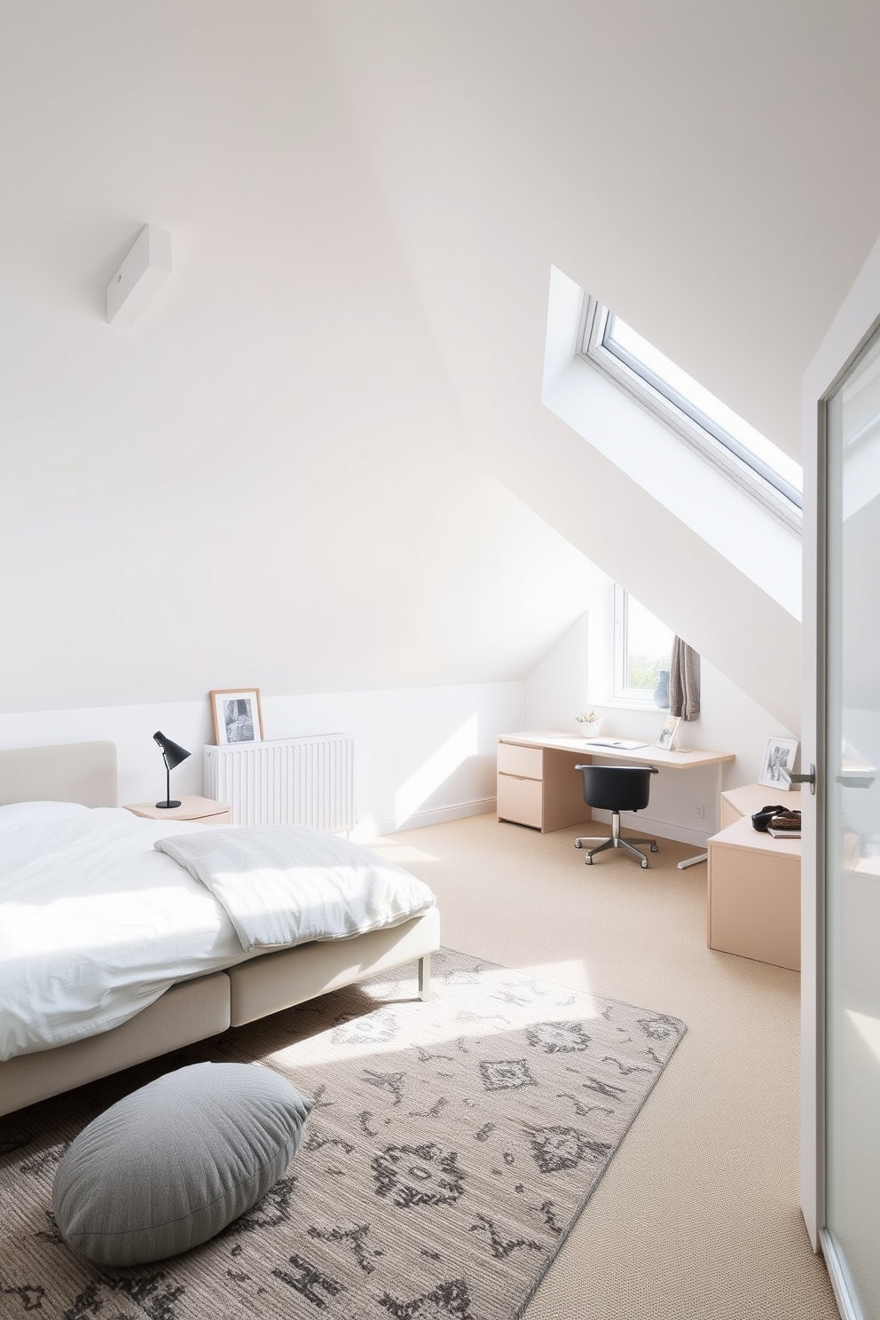 A spacious attic room designed for a teenager features minimalist furniture that emphasizes functionality and style. The room includes a sleek bed with a simple headboard, a small desk with a modern chair, and a cozy reading nook by the window. Natural light floods the space through large skylights, highlighting the neutral color palette of whites and soft grays. A few personal touches, like framed posters and a stylish rug, add warmth and personality to the minimalist decor.