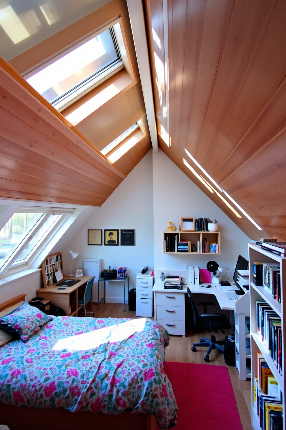 A cozy teenager's attic room filled with natural light from large skylights. The space features a comfortable bed with colorful bedding, a study area with a desk, and shelves filled with books and personal items.