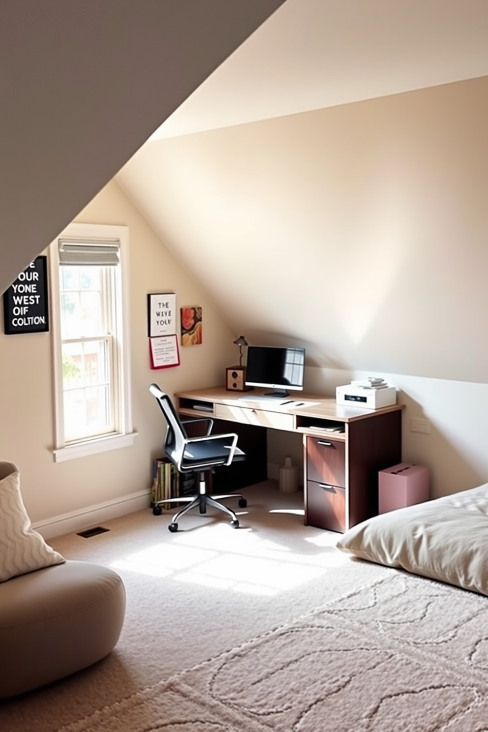 A cozy desk area is positioned by a large window, allowing natural light to flood the space. The desk features a sleek design with ample storage, paired with a comfortable chair that encourages productivity. The walls are painted in a soft pastel color, creating a calming atmosphere. Decor elements include personal artwork and motivational quotes, adding a touch of personality to the attic room.