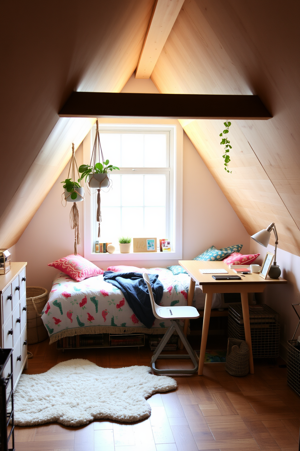 A cozy teenager attic room filled with natural light. The space features a comfortable bed with colorful bedding and a study desk with stylish stationery. Hanging plants are strategically placed in macrame hangers near the window. A soft area rug adds warmth to the wooden floor, creating an inviting atmosphere.