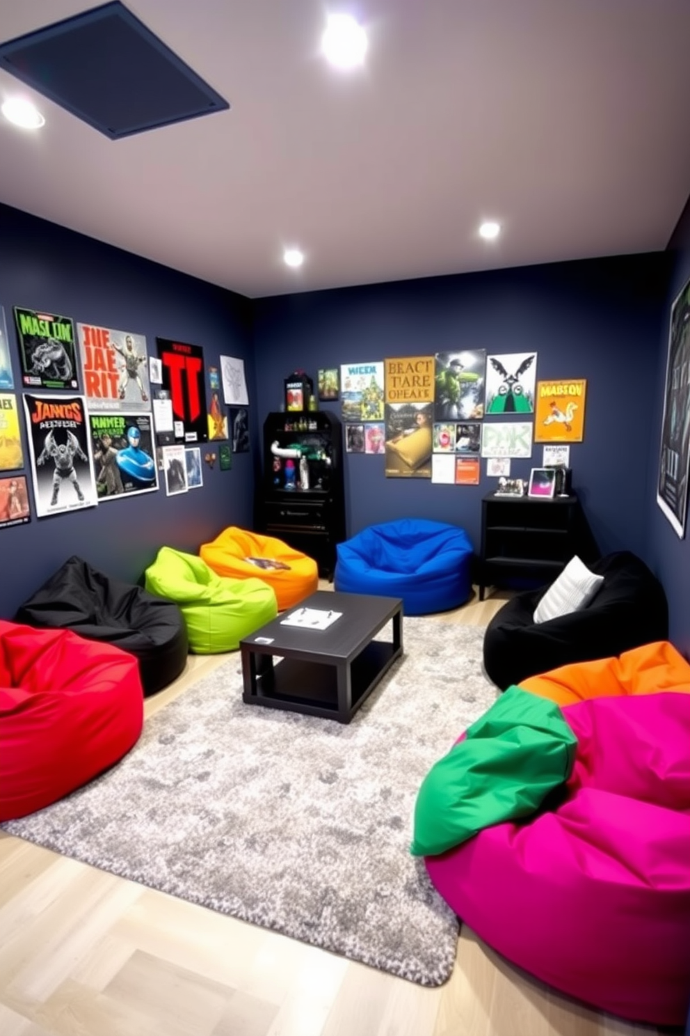 A stylish gaming corner featuring vibrant neon lights that create an energetic atmosphere. The room is equipped with a sleek gaming desk, a high-backed ergonomic chair, and shelves displaying an array of gaming consoles and collectibles. The walls are adorned with colorful posters of popular video games, while LED strip lights frame the edges of the ceiling. A plush area rug adds comfort underfoot, and a bean bag chair provides additional seating for friends.