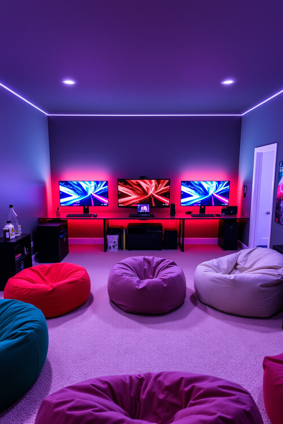 A vibrant game room designed for teenagers features an interactive wall with a large chalkboard section where friends can draw and write messages. The space is filled with colorful bean bags and gaming chairs, creating a relaxed atmosphere perfect for hanging out and playing video games.