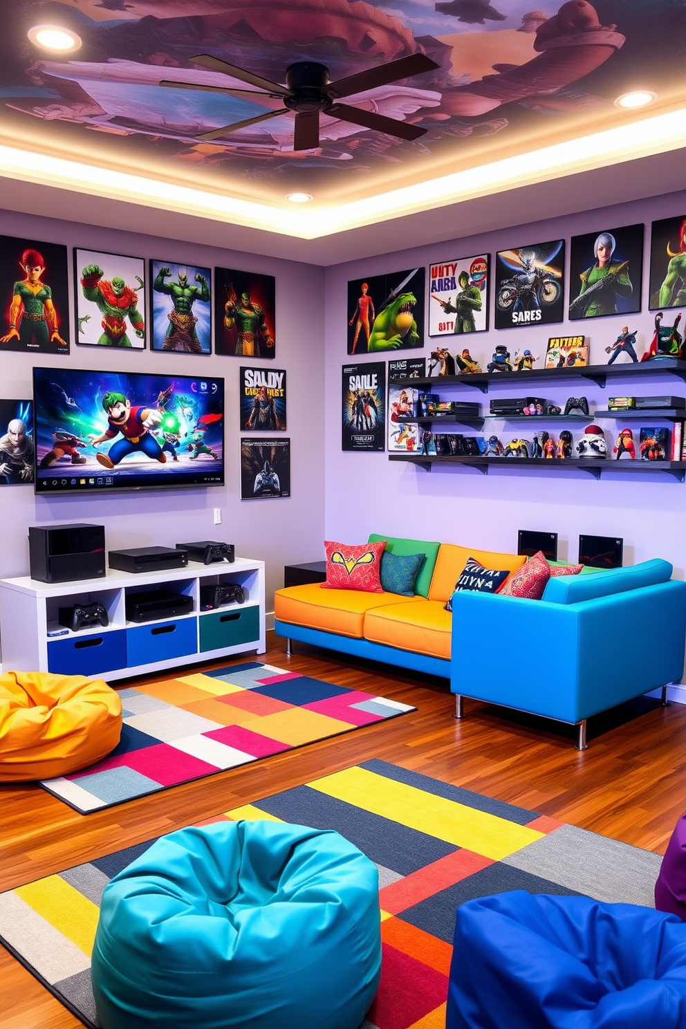 A vibrant game room designed for teenagers featuring wall art inspired by popular video games. The space includes a comfortable sectional sofa in bright colors, a large flat-screen TV mounted on the wall, and gaming consoles neatly organized on a stylish media console. The walls are adorned with posters of iconic game characters and shelves displaying collectible figurines. A multi-colored rug adds a playful touch to the hardwood floor, while bean bag chairs provide additional seating for friends.