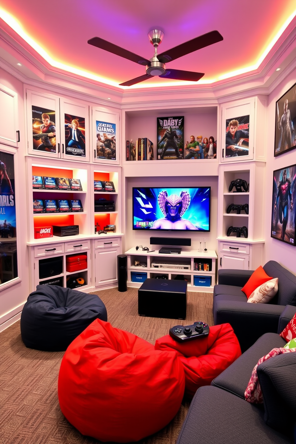 A vibrant game room designed for teenagers features a cozy seating area with colorful floor cushions scattered across a soft rug. The walls are adorned with posters of popular video games, and a large flat-screen TV is mounted on one side, creating an inviting atmosphere for casual gaming sessions.