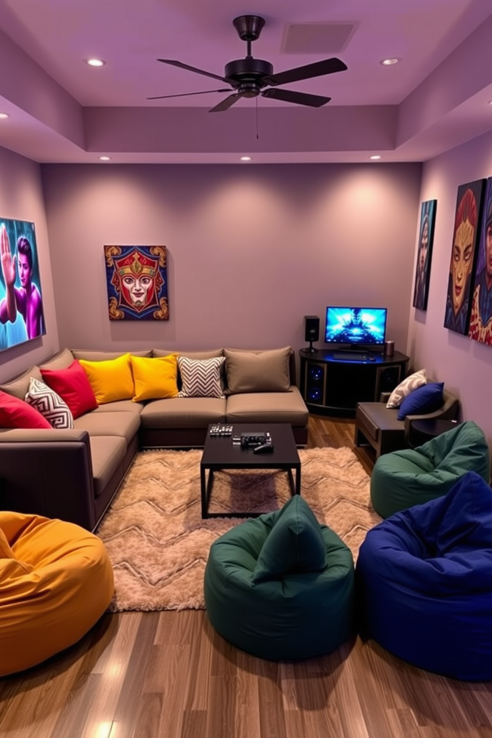 Comfortable lounge area with cushions. The space features a large sectional sofa adorned with colorful throw pillows, a soft area rug, and a coffee table in the center. Teenager Game Room Design Ideas. The room includes a sleek gaming console setup, vibrant wall art, and bean bag chairs for a relaxed atmosphere.