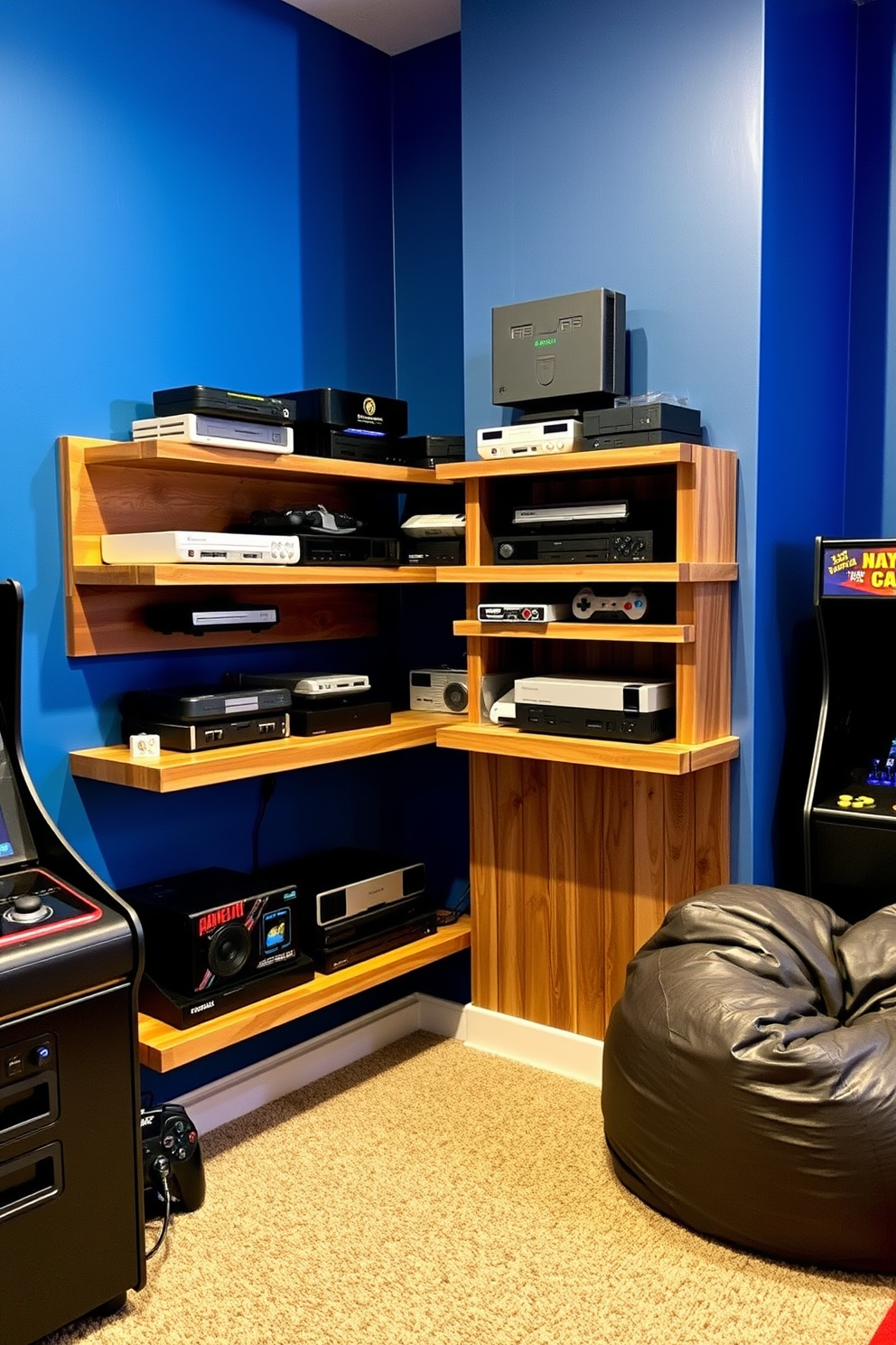 A vibrant game room designed for a teenager. The focal point is a fun rug featuring colorful gaming motifs that energize the space. The walls are painted in a bold blue, creating a dynamic backdrop. A sleek gaming desk with LED lighting and a comfortable chair complements the playful atmosphere.