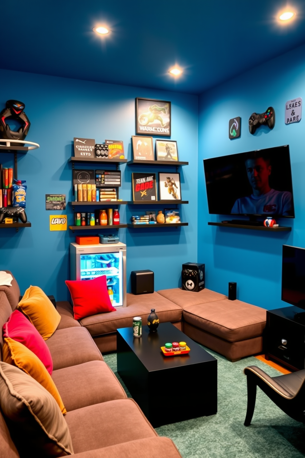 A vibrant teenager game room featuring a cozy lounge area with a large sectional sofa adorned with colorful throw pillows. A sleek mini fridge is positioned in the corner, stocked with snacks and drinks for easy access during gaming sessions. The walls are painted in a bold blue hue, complemented by wall-mounted shelves displaying various gaming memorabilia. A large flat-screen TV is mounted opposite the sofa, with a stylish coffee table in front for snacks and drinks.