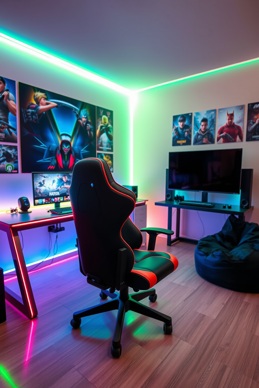 A stylish gaming chair with ergonomic support is positioned in front of a sleek gaming desk. The room is designed with vibrant colors and LED lighting that creates an immersive gaming environment. The walls are adorned with posters of popular video games, and a large screen is mounted for an ultimate gaming experience. A cozy bean bag sits in the corner, providing an additional seating option for friends.