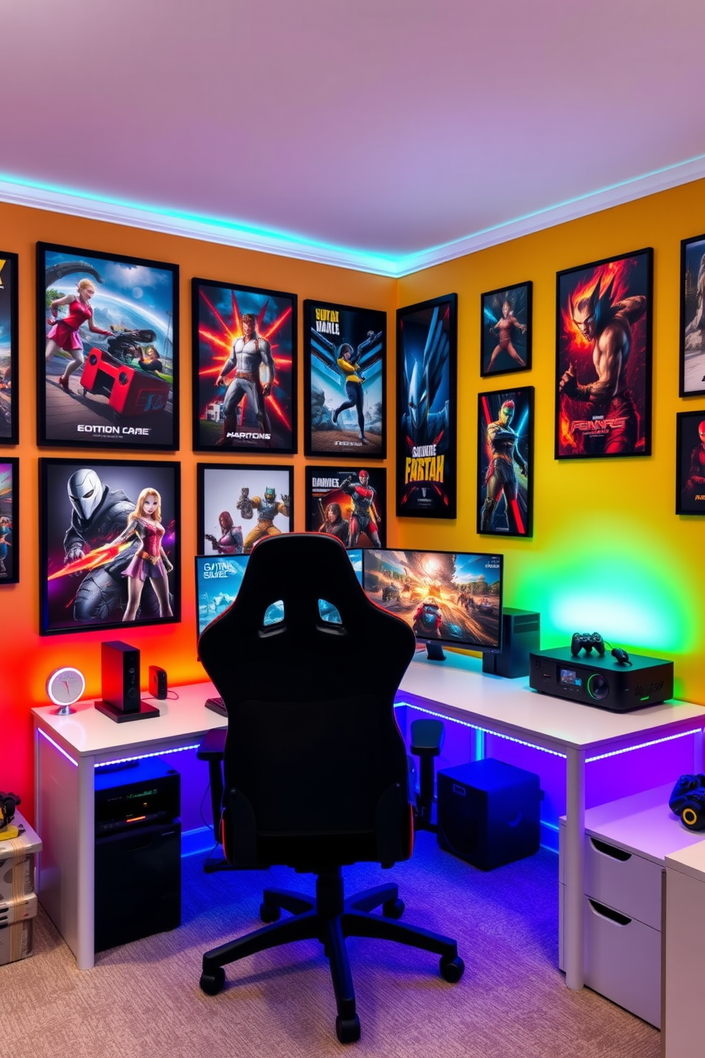 A vibrant teenager game room filled with energy and creativity. The walls are adorned with framed gaming posters showcasing popular video game characters and scenes. The room features a comfortable gaming chair positioned in front of a sleek desk with a high-performance gaming setup. Colorful LED strip lights illuminate the space, creating an immersive atmosphere for gaming sessions.