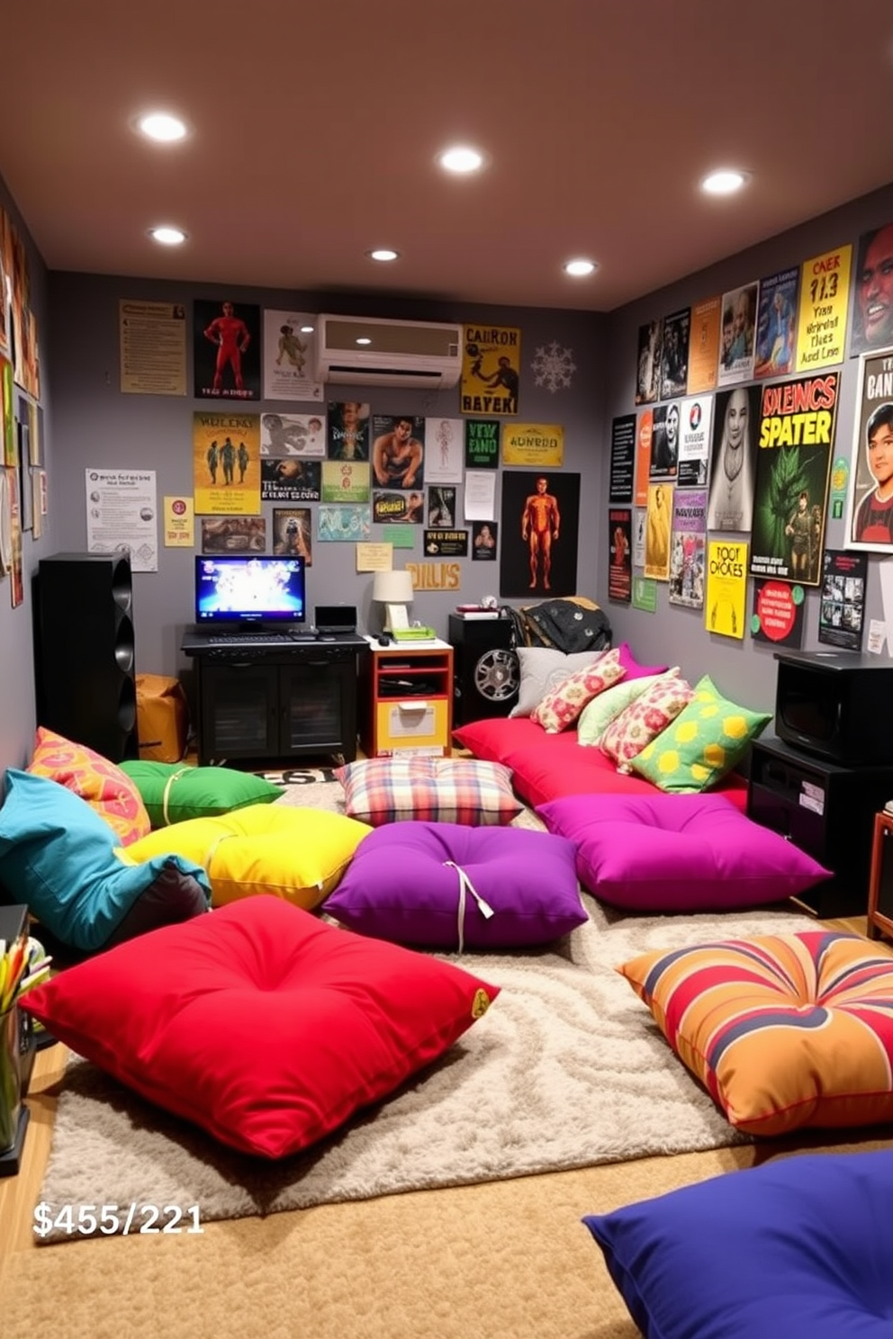 A cozy game room designed for teenagers featuring colorful floor cushions scattered around the space for casual seating. The walls are adorned with vibrant posters and the floor is covered with a soft area rug to create a comfortable atmosphere.