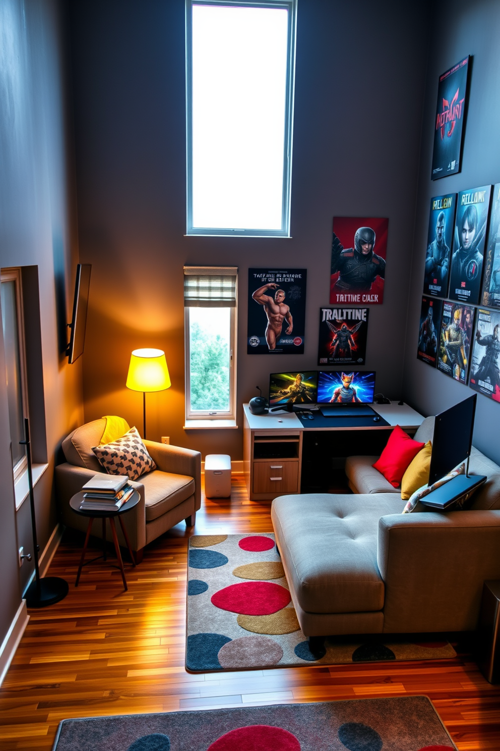 A vibrant game room designed for a teenager featuring dual monitors mounted on a sleek black gaming desk. The walls are painted in a bold blue hue, and colorful LED strip lights create an energetic atmosphere while plush bean bags provide comfortable seating.