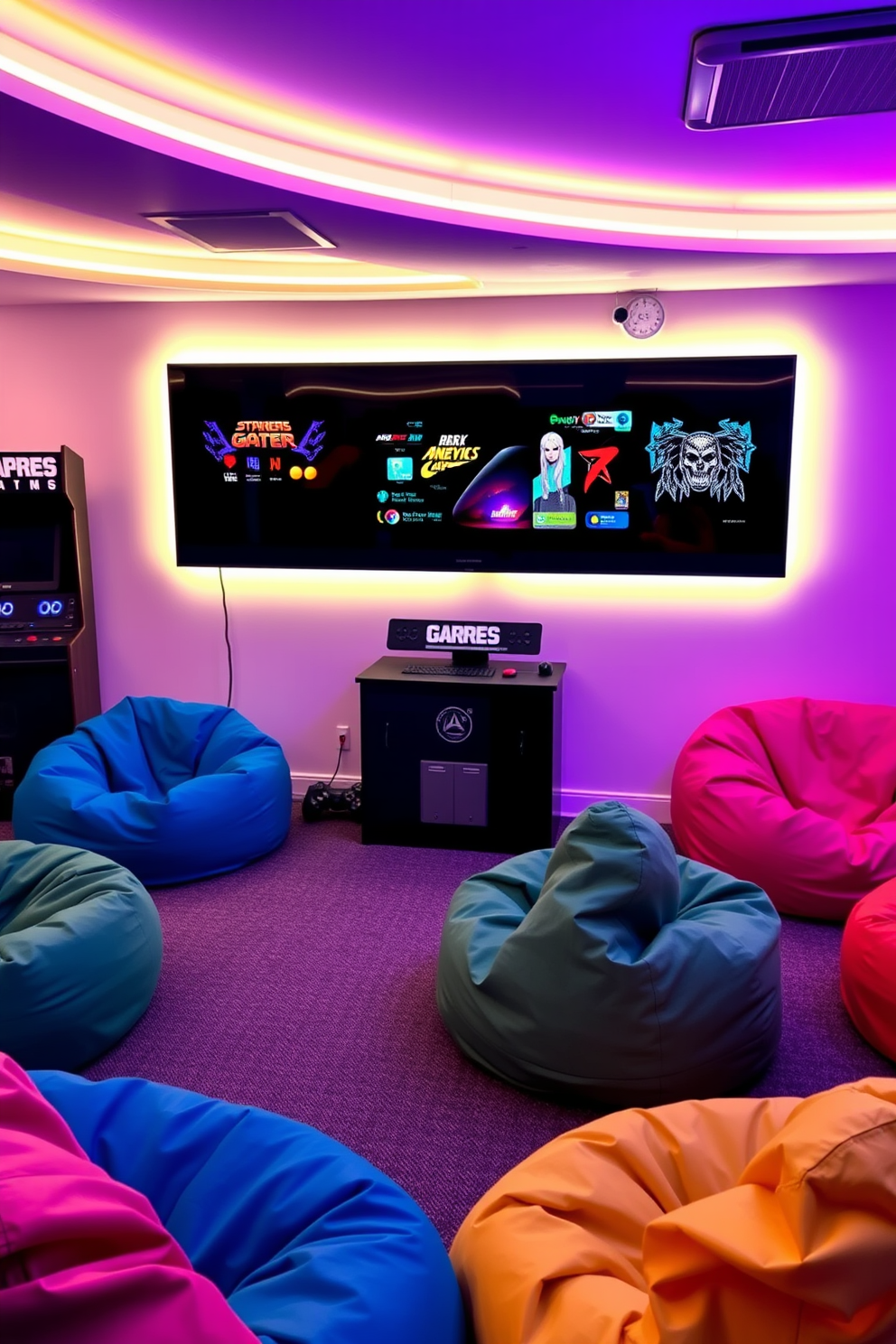 A vibrant teenager game room featuring a wall-mounted arcade game setup. The room is filled with colorful bean bags and LED strip lighting that enhances the gaming atmosphere.