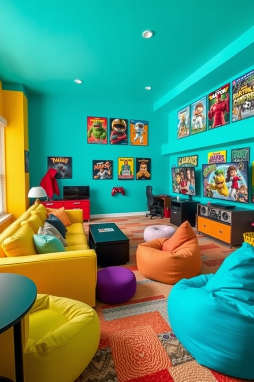 A vibrant game room filled with bright colors and playful decor. The walls are painted in a lively turquoise, and the furniture includes a large, comfortable sectional in sunny yellow, surrounded by bean bags in various bold hues. A sleek gaming console is set up against a feature wall adorned with colorful posters of popular video games. The flooring is a soft, multi-colored carpet that adds warmth and comfort, inviting friends to gather and play together.