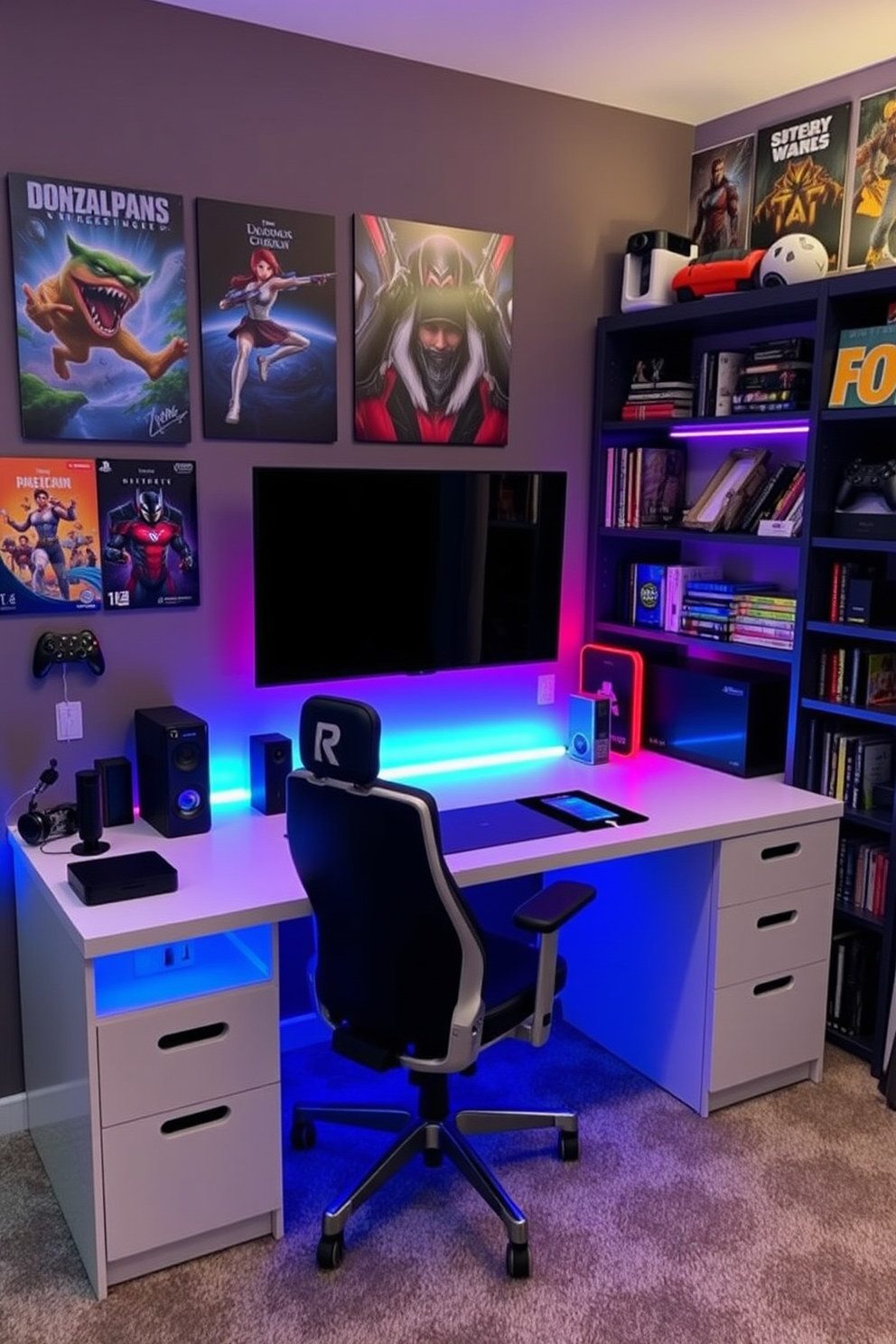 A tech-friendly charging station designed for a teenager's game room features a sleek modern desk with built-in USB ports and wireless charging pads. The walls are adorned with vibrant posters of popular video games, and a comfortable gaming chair is positioned in front of a large screen. The charging station includes multi-colored LED lighting that can be customized to match the mood of the room. Surrounding the station are shelves filled with gaming accessories, books, and collectibles, creating an inspiring and organized space for creativity.