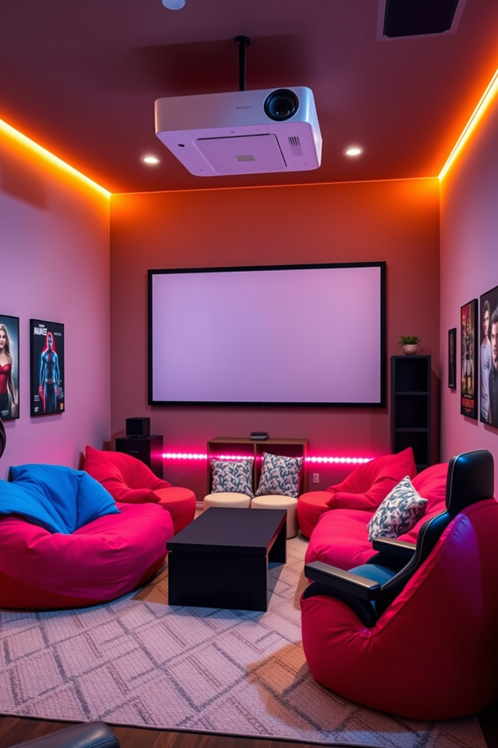 A vibrant teenager game room designed for ultimate entertainment. The focal point is a large projector mounted on the ceiling, projecting onto a blank wall, creating an immersive movie night experience. Brightly colored bean bags and a sleek gaming chair are arranged around a low coffee table, inviting friends to gather and play. The walls are adorned with posters of favorite movies and video games, while LED strip lights add a fun, dynamic atmosphere.