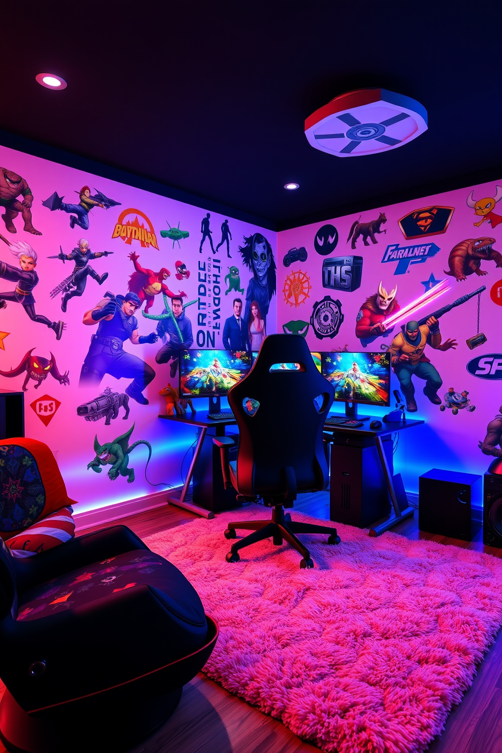 A vibrant teenager game room filled with energy and creativity. The walls are adorned with colorful wall decals featuring popular video game characters and themes. A large gaming desk sits in the center, equipped with dual monitors and a high-backed ergonomic chair. The floor is covered with a soft, plush rug that adds comfort, while LED strip lights illuminate the space in various colors.