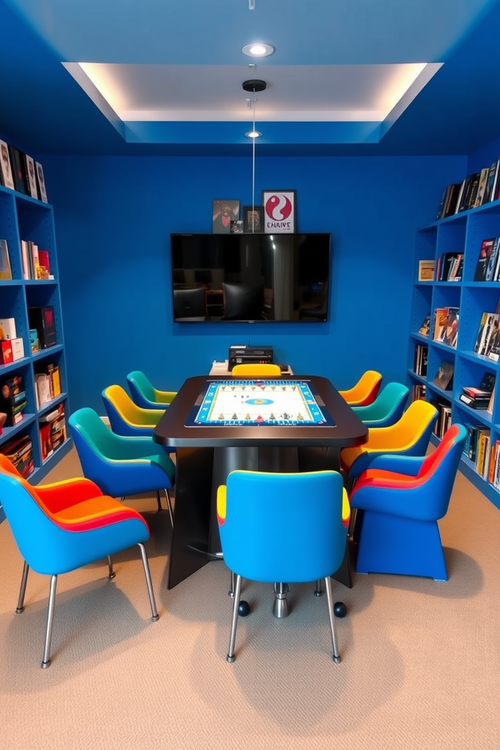 A vibrant teenager game room designed for board games features a large, modern gaming table at the center surrounded by comfortable, colorful chairs. The walls are painted in a lively blue hue, and shelves filled with board games and gaming accessories line the sides, creating an inviting atmosphere for friends to gather.