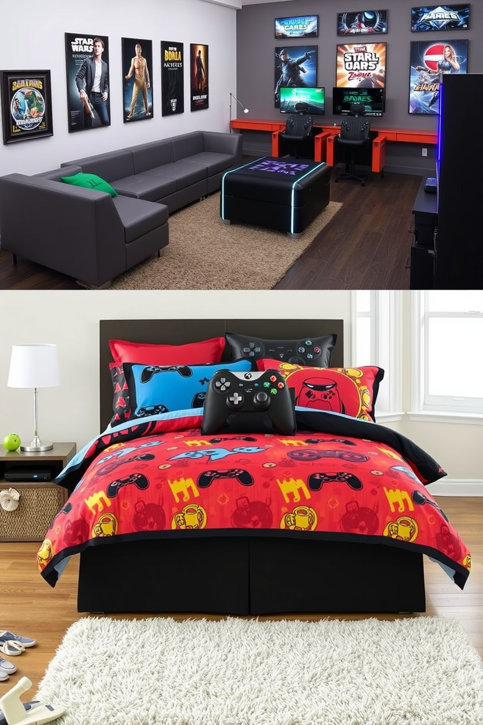 Themed bedding featuring vibrant colors and playful patterns that reflect the interests of a teenager. The bedding includes a comforter adorned with video game motifs, complemented by matching throw pillows and a stylish bed skirt. A game room designed with a modern aesthetic that incorporates comfortable seating and interactive gaming zones. The walls are decorated with framed posters of popular games, and the floor is covered with a soft area rug for added comfort during long gaming sessions.