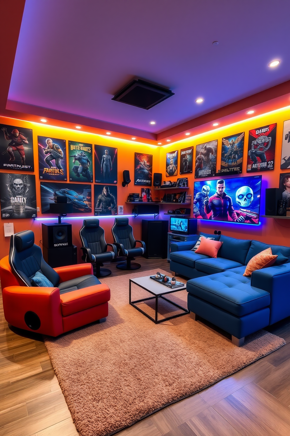 A vibrant teenager game room featuring a large sectional sofa in a bold color, surrounded by gaming chairs and a coffee table. The walls are adorned with posters of popular video games, and the floor is covered with a soft area rug for comfort. Incorporate a sound system with speakers strategically placed around the room for an immersive gaming experience. The lighting is adjustable, with LED strips along the shelves and behind the TV, creating an energetic atmosphere for gaming sessions.