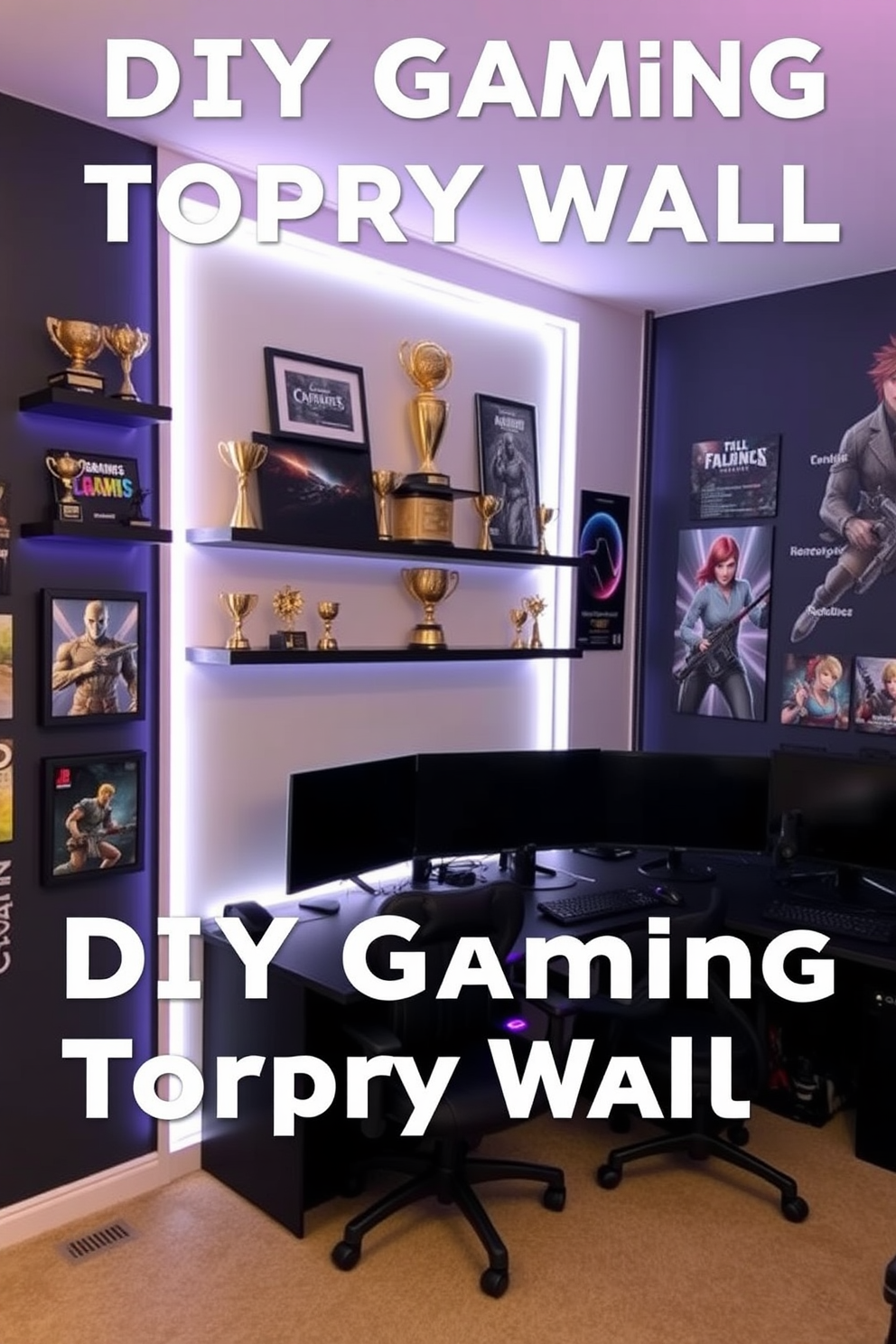 Create a DIY gaming trophy wall that showcases various gaming achievements. The wall features shelves to display trophies, framed pictures of favorite games, and LED strip lights for a vibrant ambiance. Incorporate a comfortable gaming chair and a large desk with multiple monitors. The walls are painted in a dark color with gaming posters and decals to enhance the immersive experience.