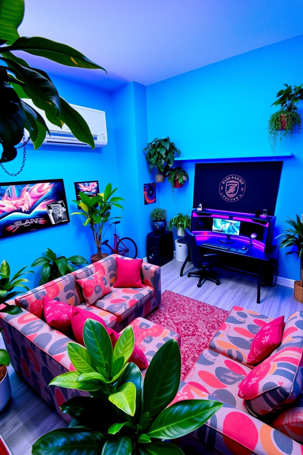 Padded walls in a cozy gaming nook create a comfortable and inviting atmosphere. The room features vibrant LED strip lighting around the ceiling and a plush sectional sofa adorned with colorful throw pillows. A large flat-screen TV is mounted on one wall, with a stylish gaming console and accessories neatly organized below. The floor is covered with a soft area rug, enhancing the room's warmth and providing a perfect spot for friends to gather and play.