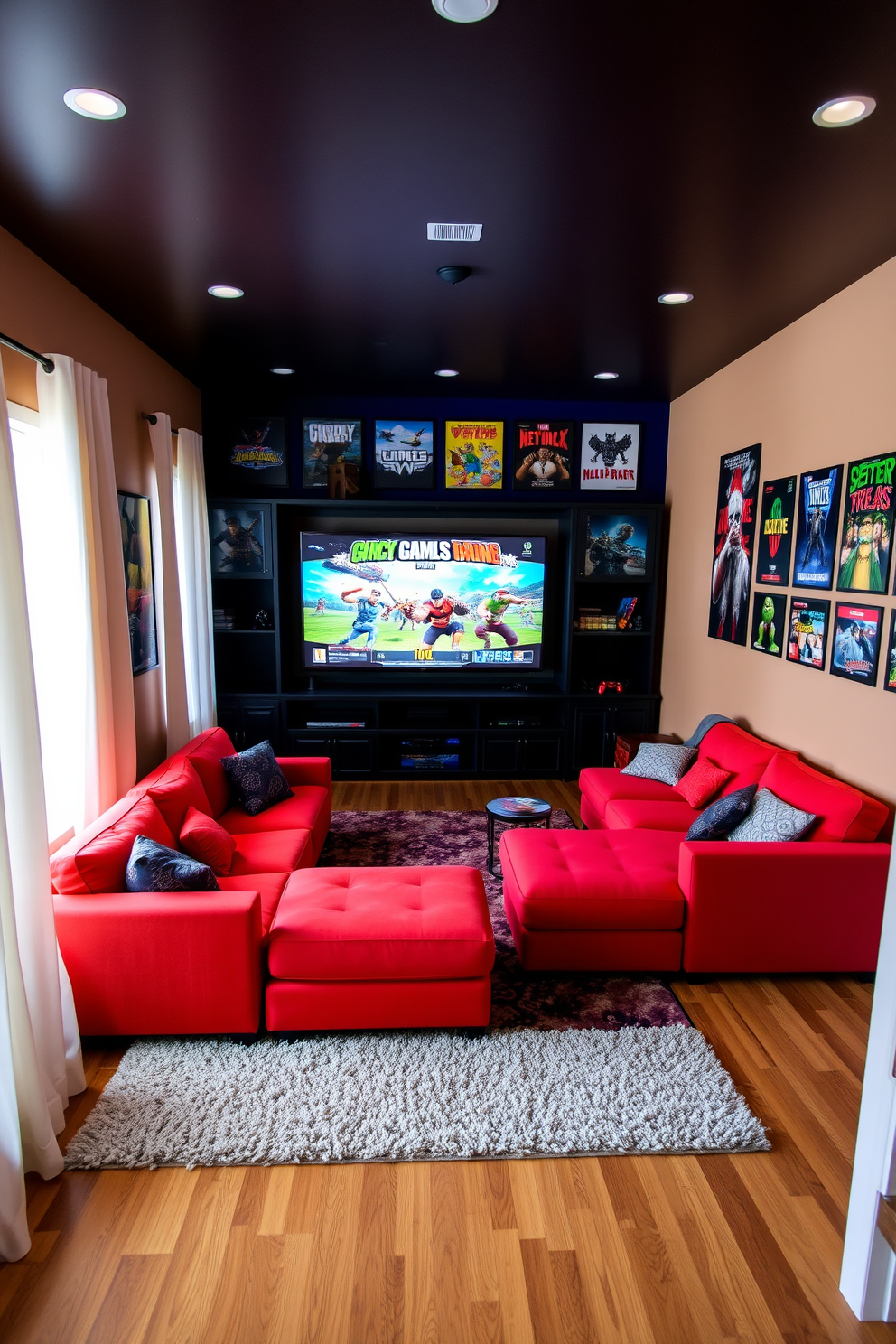 A vibrant teenager game room featuring a large sectional sofa in a bold color. The walls are adorned with posters of favorite video games, and a custom-built entertainment center holds a large TV and gaming consoles. Flooring is a mix of plush carpet and hardwood, providing comfort and style. Use curtains to control lighting, allowing for a bright atmosphere during the day and a cozy feel at night.