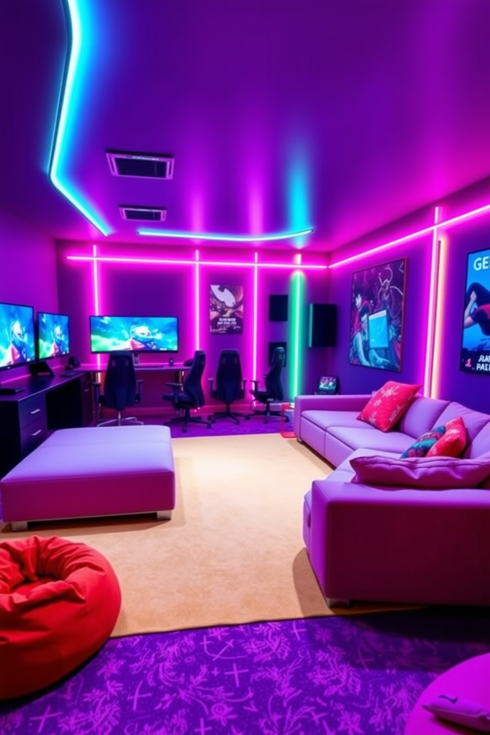 A vibrant teenager game room featuring wall-mounted shelves filled with a variety of games and collectibles. The room is adorned with colorful bean bags and a large gaming setup with a sleek desk and comfortable chair.