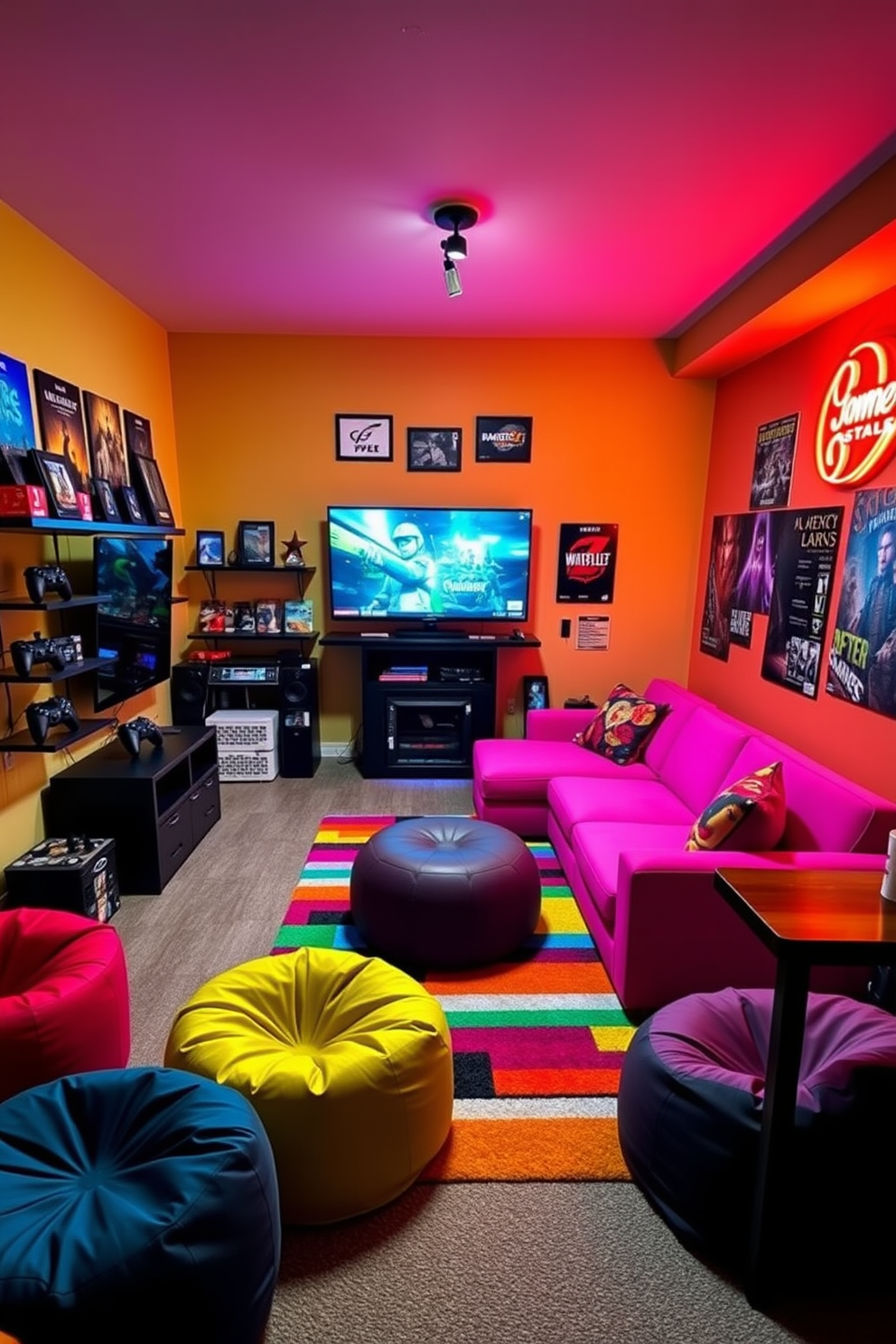 A vibrant game room designed for teenagers featuring an interactive gaming table specifically for board games. The walls are painted in a bold blue, adorned with posters of popular games and a cozy seating area filled with bean bags and colorful cushions.