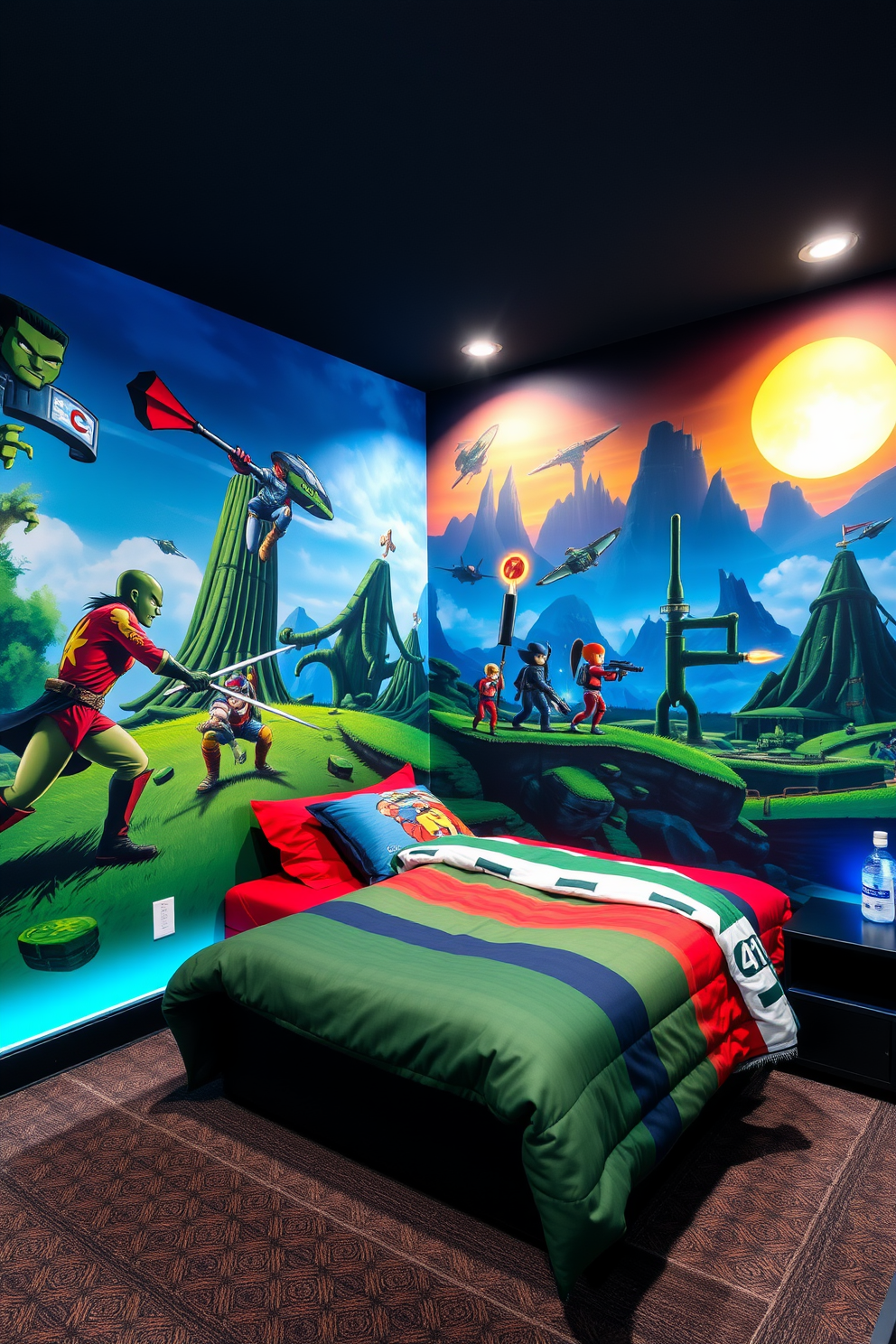 A vibrant gaming-themed room designed for a teenager. The walls are adorned with dynamic wall art featuring popular video game characters and landscapes, creating an immersive atmosphere.