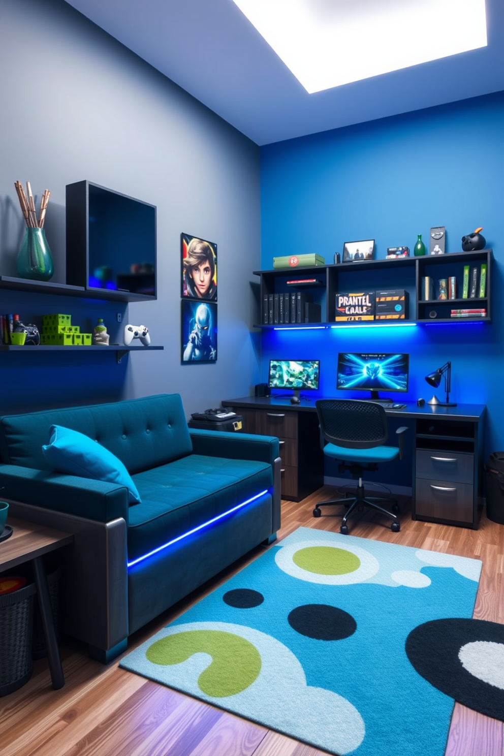 A stylish teenager game room featuring multi-functional furniture that maximizes space. The room includes a convertible sofa that transforms into a bed, a compact gaming desk with storage, and a wall-mounted shelving unit for games and accessories. The color scheme is vibrant with pops of blue and green, creating an energetic atmosphere. Soft lighting from LED strips and a fun rug add comfort and style, making it the perfect hangout for friends.