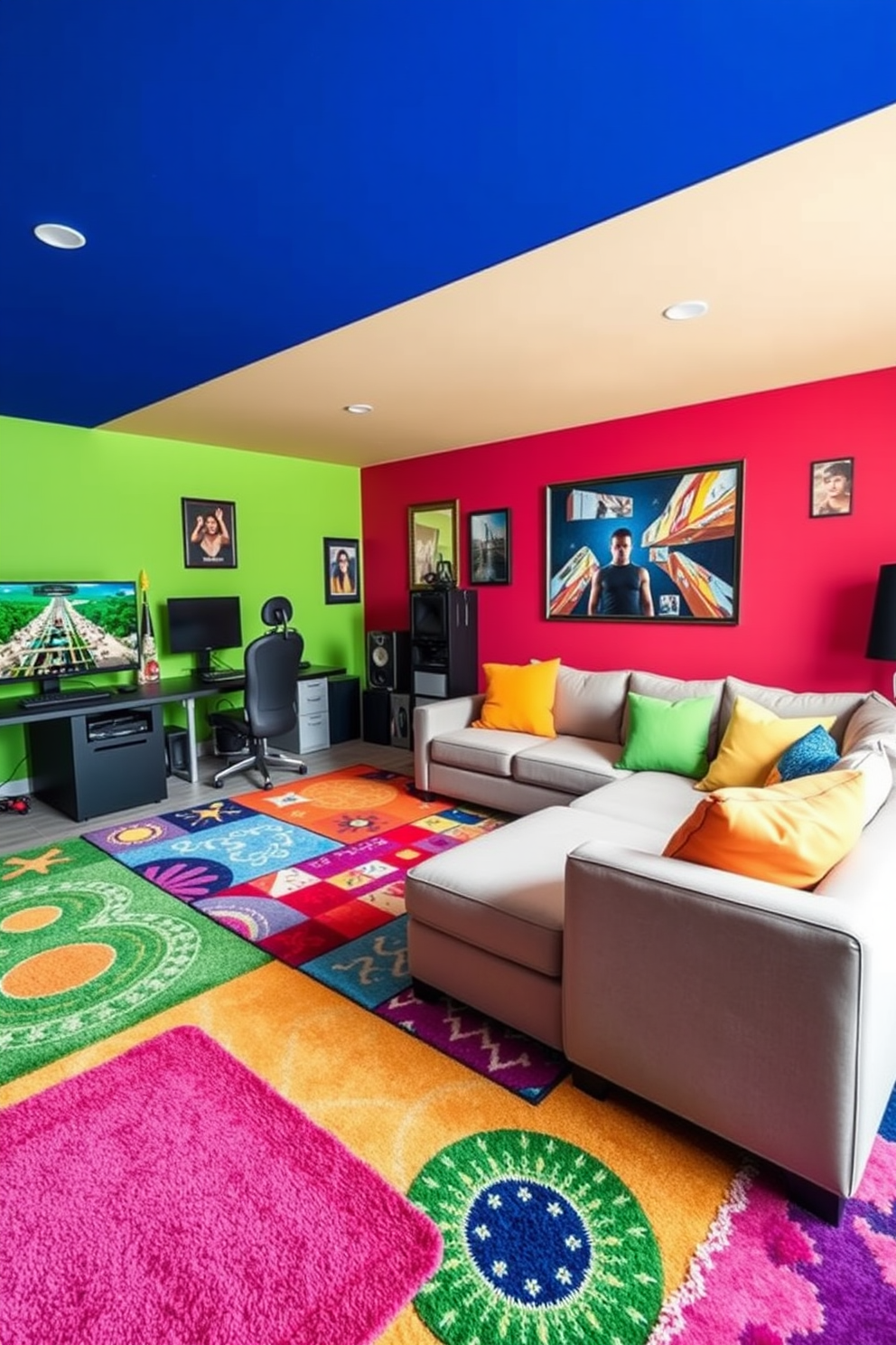 A vibrant teenager game room filled with colorful rugs that add comfort and style. The space features a large sectional sofa adorned with bright throw pillows, a sleek gaming console setup, and walls painted in a mix of bold colors to create an energetic atmosphere.