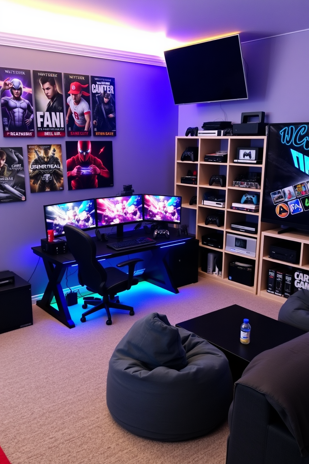 A personalized gaming station setup featuring a sleek black desk with LED lighting and multiple monitors displaying vibrant game graphics. The walls are adorned with posters of popular video games, and a comfortable gaming chair is positioned in front of the desk. Teenager game room design ideas include a cozy lounge area with bean bag chairs and a coffee table for snacks. The space is equipped with a large TV mounted on the wall, surrounded by shelves filled with gaming consoles and accessories.