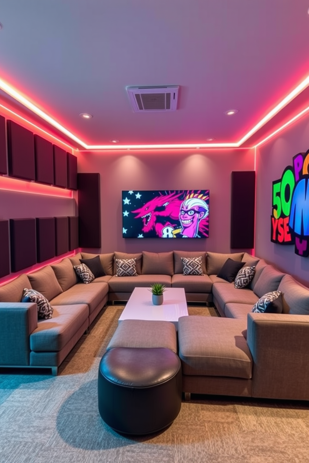 A vibrant teenager game room filled with energy and excitement. Colorful LED strip lights illuminate the walls, creating a dynamic atmosphere for gaming and relaxation. The room features a large sectional sofa in bold colors, perfect for friends to gather and play. A sleek gaming desk holds the latest gaming console and accessories, while posters of favorite games adorn the walls.