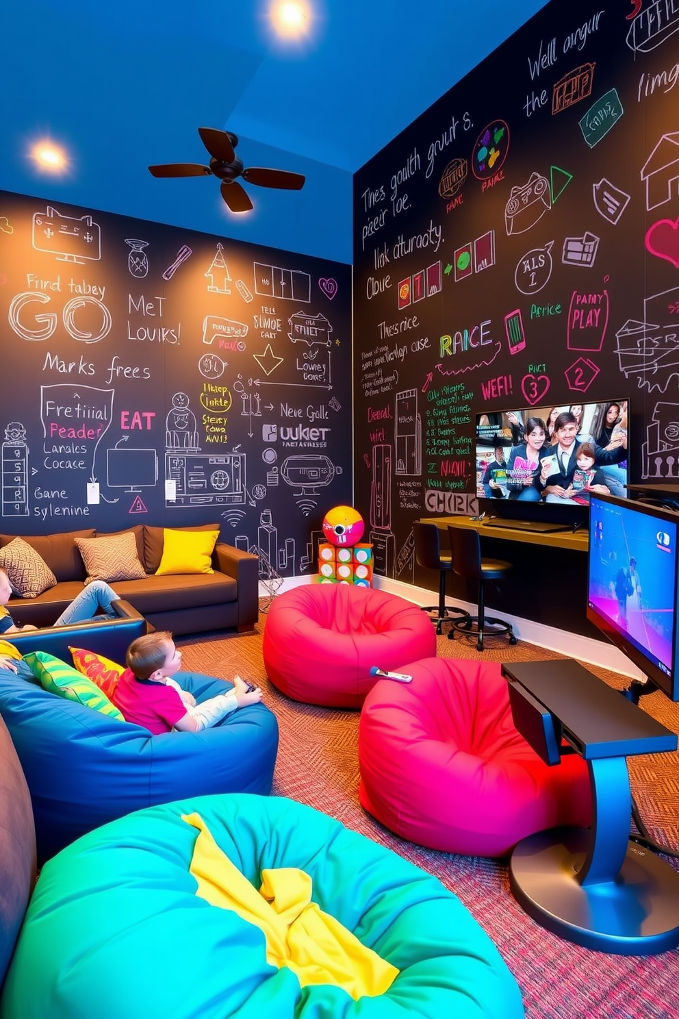 A vibrant game room designed for a teenager features an interactive chalkboard wall that encourages creativity and expression. The space is filled with comfortable seating, colorful bean bags, and a large gaming console setup, creating an inviting atmosphere for friends to gather and play.