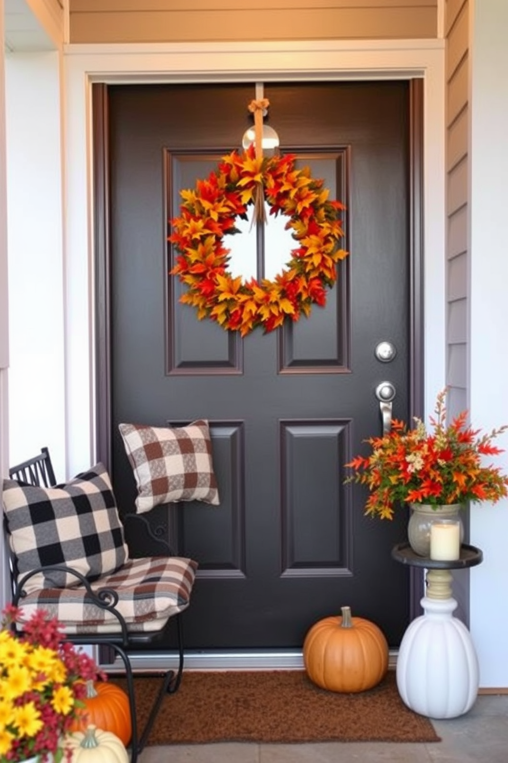 Cozy throw blankets are draped over a plush sofa in a warm living room setting. The space is adorned with autumn-themed decorations, including pumpkins and candles, creating a festive Thanksgiving atmosphere.