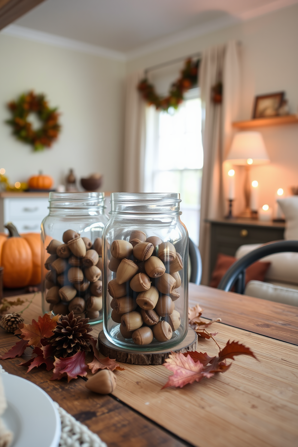 A cozy dining area featuring a rustic wooden table set with vintage china plates adorned with floral patterns. Surrounding the table are mismatched chairs that add character, while a warm tablecloth drapes elegantly across the surface. The walls are decorated with framed family photos and autumn-themed artwork, creating a nostalgic atmosphere. Soft, ambient lighting from a vintage chandelier enhances the inviting feel of the space, perfect for Thanksgiving gatherings.