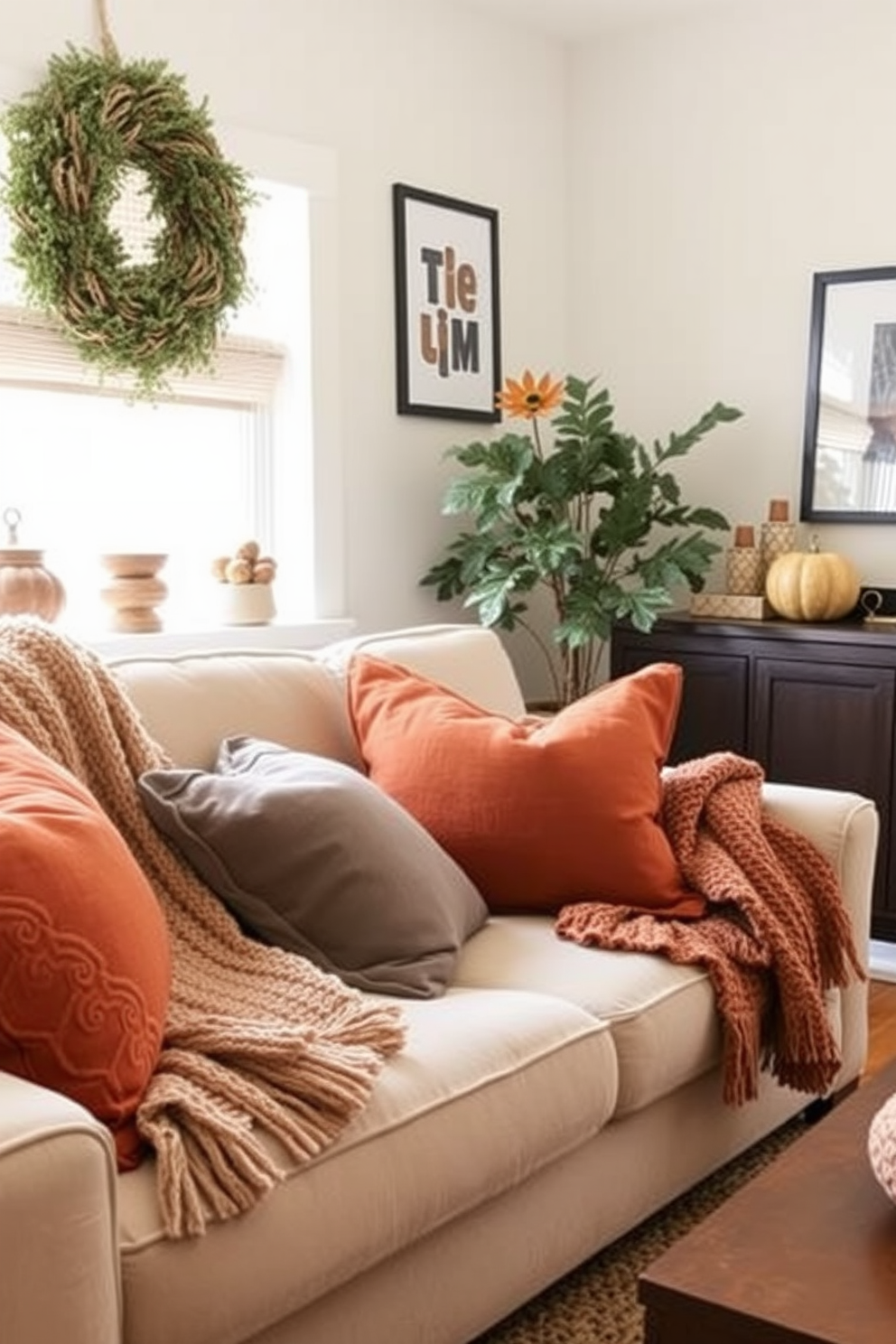 A warm and inviting dining area features a rustic wooden table adorned with a plaid tablecloth in rich autumn colors. Surrounding the table are mismatched chairs that add a charming eclectic touch, with seasonal decorations like small pumpkins and candles enhancing the cozy atmosphere. The walls are painted in a soft cream hue, creating a bright and airy feel. A gallery wall of family photos and autumn-themed art adds a personal touch to the space, making it perfect for Thanksgiving gatherings.