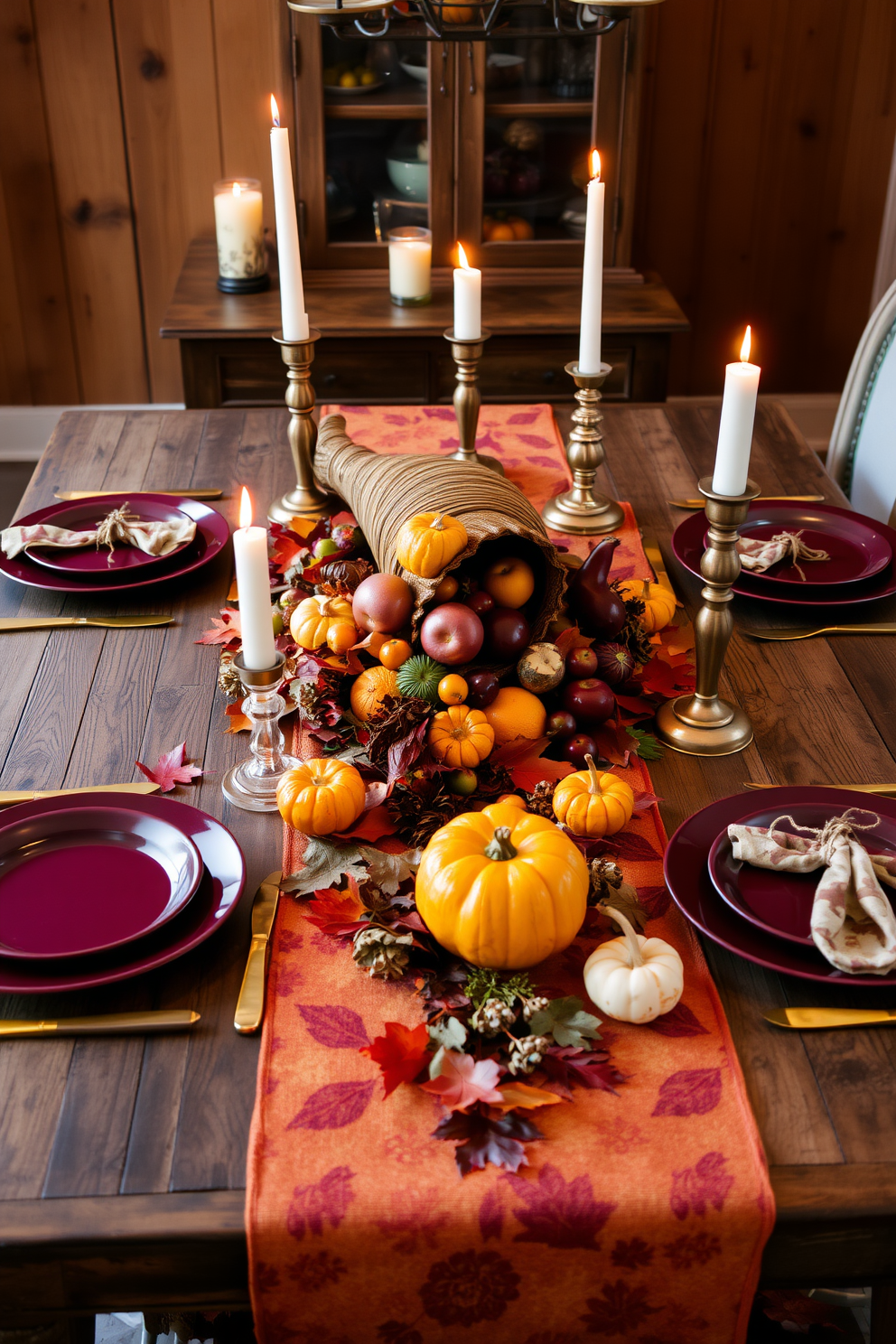 A cozy living room adorned with faux fur accents to create warmth and texture. Plush faux fur throw blankets drape over a modern sectional sofa, while decorative pillows in soft shades complement the seasonal theme. A rustic coffee table is topped with a centerpiece of autumn leaves and candles, inviting a festive atmosphere. Twinkling fairy lights are strung along the walls, enhancing the inviting ambiance for Thanksgiving gatherings.